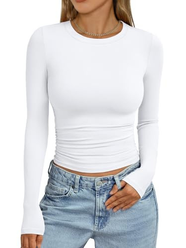 Trendy Queen Womens Long Sleeve Shirts Crop Tops Fall Fashion 2026 Going Out Basic Winter Clothes White L | Amazon (US)