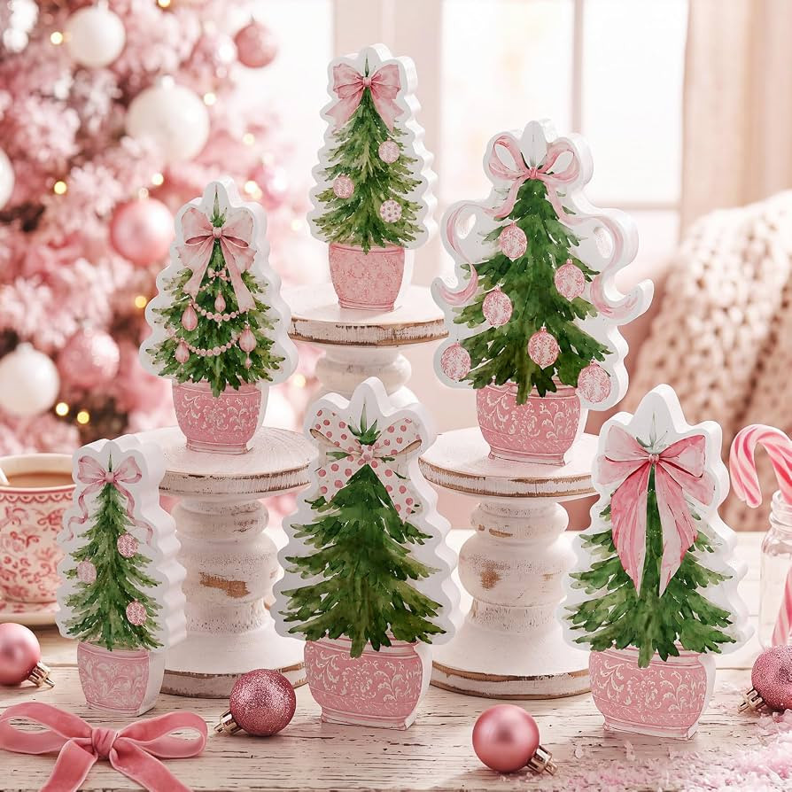 Yousoontic 6 Pcs Pink Bow Chinoiserie Christmas Tree Wooden Table Decor | Amazon (US)