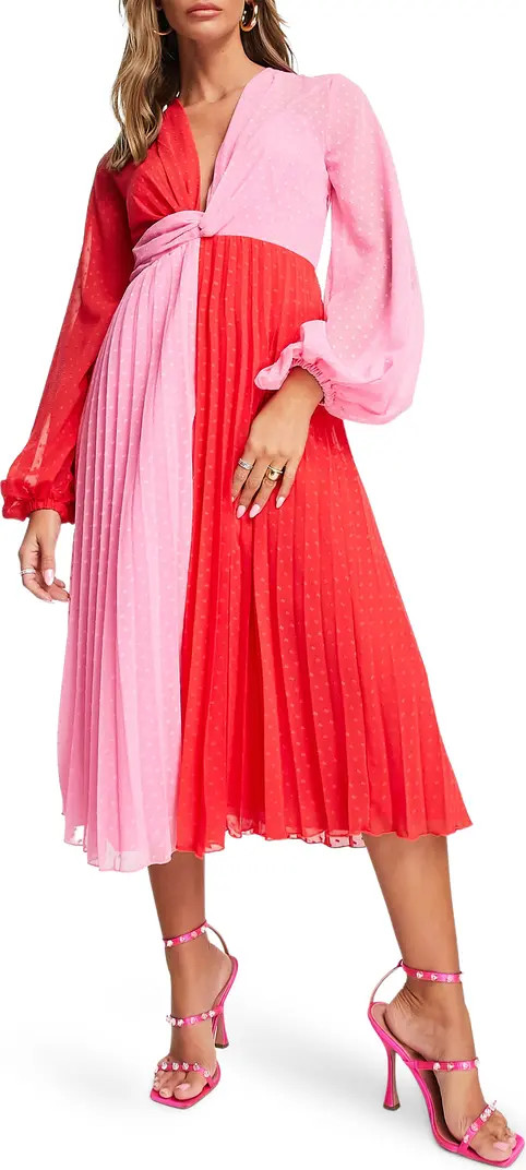 ASOS DESIGN Swiss Dot Long Sleeve Colorblock Midi Dress | Nordstrom | Nordstrom