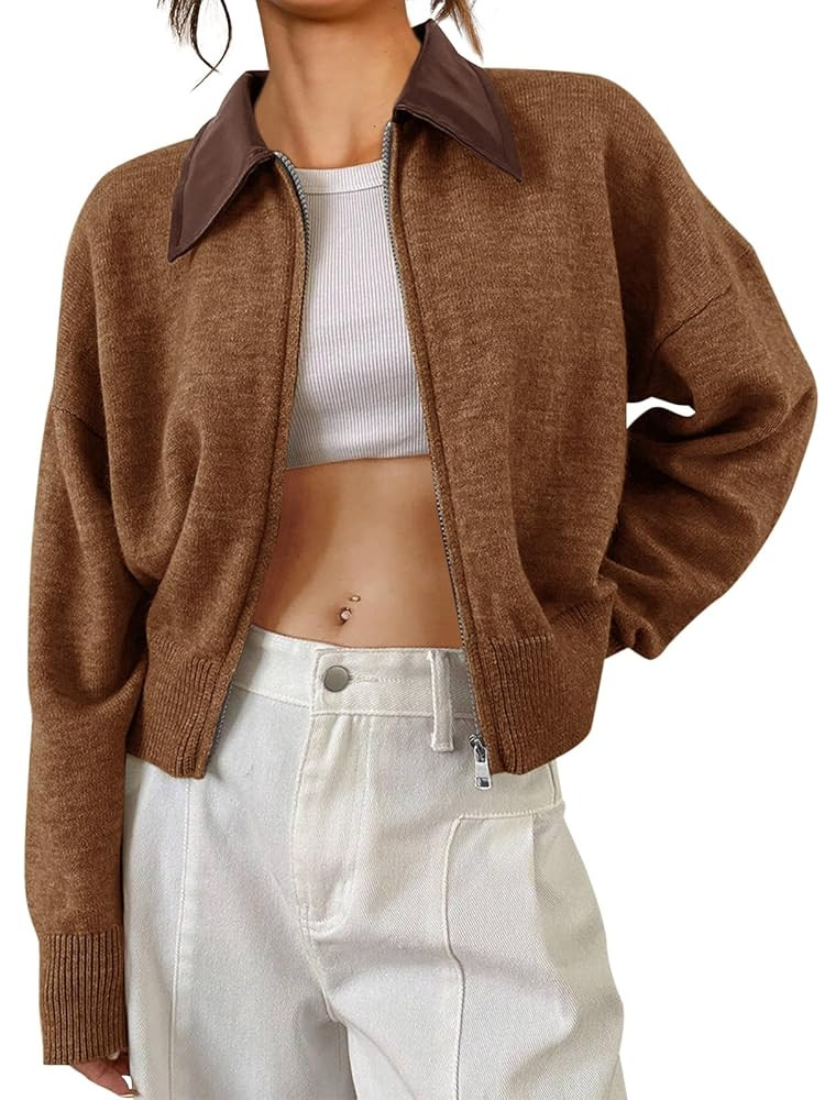 Saodimallsu Womens Zip Up Cardigan Sweaters Cropped Faux Leather Collared Open Front Long Sleeve ... | Amazon (US)