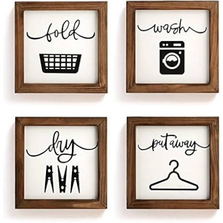 LIBWYS Laundry Sign Set of 4 Wash Dry Fold Put Away Decorative Rustic Handmade Wood Farmhouse Laundr | Amazon (US)
