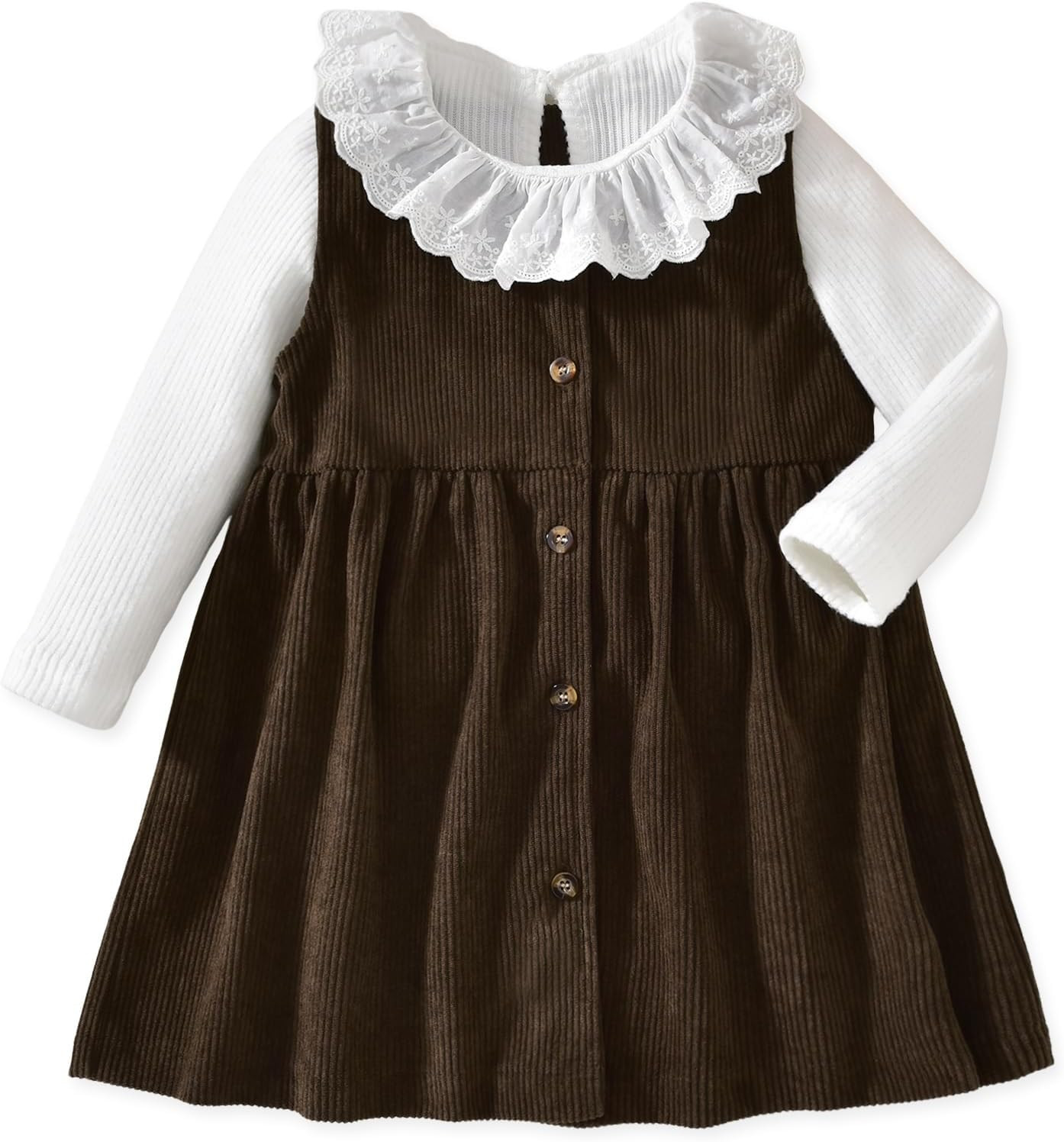 Toddler Girl Long Sleeve Lace Collar Top Corduroy Button Down Overall Dress Set | Amazon (US)