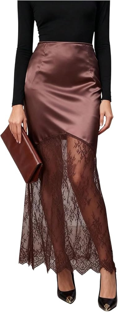 SHENHE Women's Floral Lace Satin Maxi Skirt High Waist Elegant Cocktail Party Fishtail Skirt | Amazon (US)