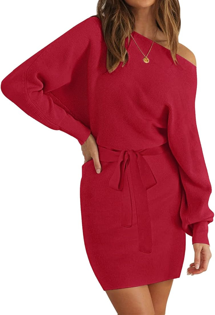 MEROKEETY Women's Off Shoulder Batwing Sleeve Sweater Dress Ribbed Knit Bodycon Mini Dresses with... | Amazon (US)