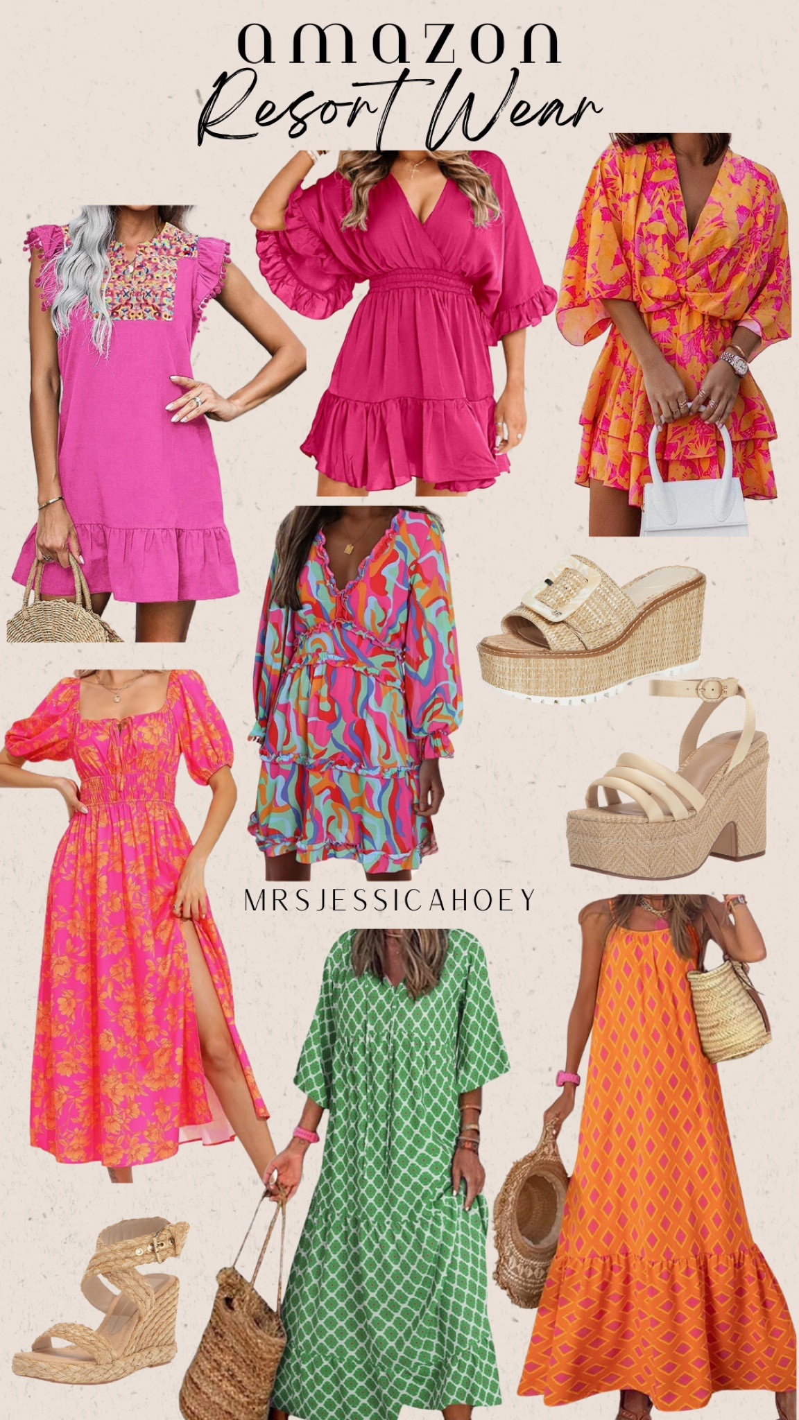 Resort wear. Women’s dresses. Spring summer maxi long short puff sleeve spaghetti strap dress. Vacation outfit. Straw handbags. Straw summer wedge platform heels. Spring summer outfit. 

#LTKfindsunder50 #LTKSeasonal #LTKSpringSale