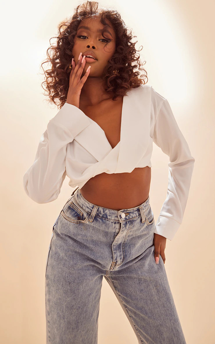 White Satin Bardot Twist Front Crop Blouse | PrettyLittleThing US