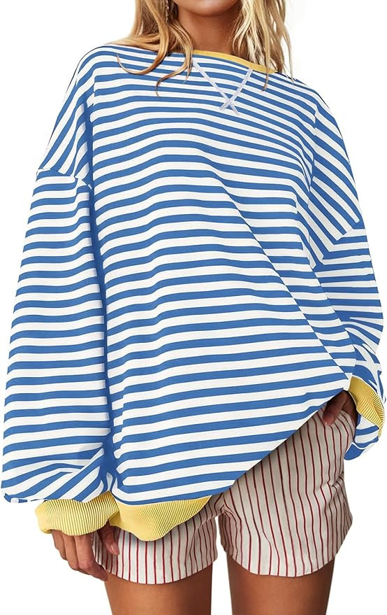 UEU Women Oversized Striped Crewneck Sweatshirt Long Sleeve Color Block Pullover Tops Casual Loos... | Amazon (US)