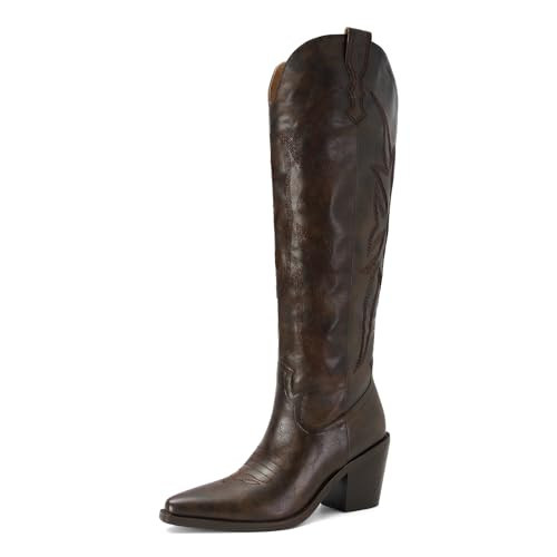 SOVANYOU Dark Brown Cowgirl Boots Knee High Cowboy Boots for Women Embroidered Wide Calf Western Boot Pointed Toe Block Heel Pull-On Tall Boot | Amazon (US)
