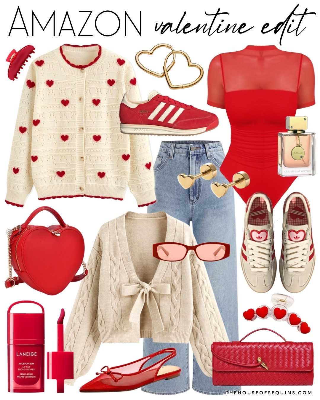 Shop Amazon Valentines outfit and casual date night outfits! Red mesh bodysuit, heart cardigan, front tie bow cardigan, woven clutch, red bag, mesh flats, heart bag, adidas samba, adidas sneakers, adidas spezial, gold heart earrings and more! 

Follow my LTK @thehouseofsequins on the @shop.LTK app to view this post and get my exclusive app-only content!

#liketkit 
@shop.ltk
https://liketk.it/5QDq8

#LTKValentine #LTKgrwm #LTKootd