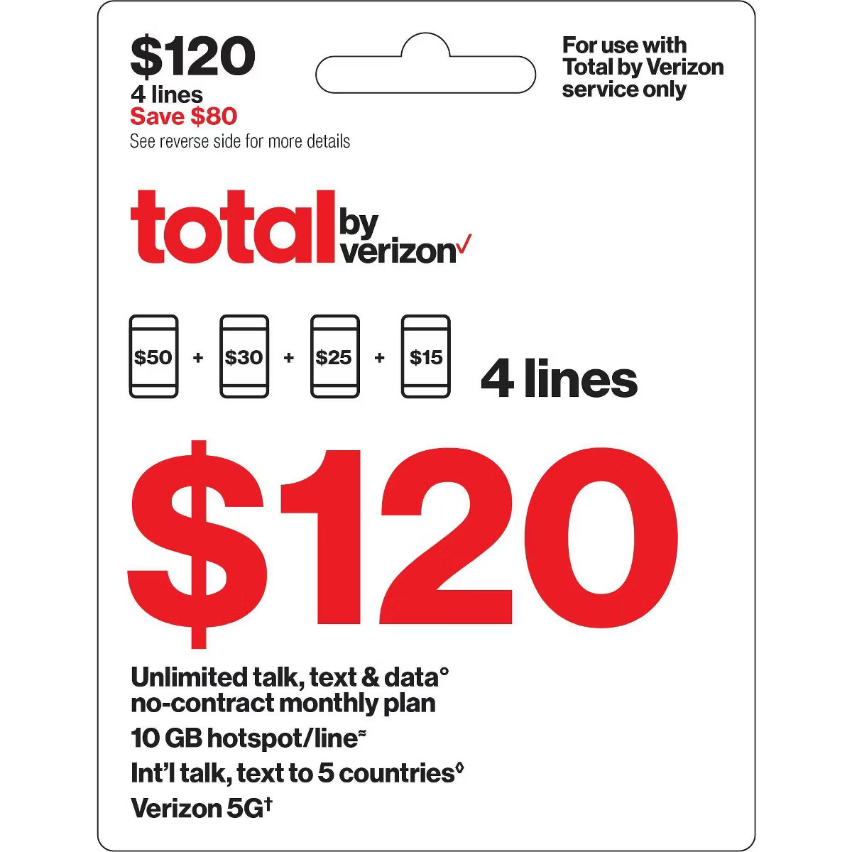 Total by Verizon $120 Unlimited Talk, Text & Data 4-Device No Contract Monthly Plan (Email Delive... | Target