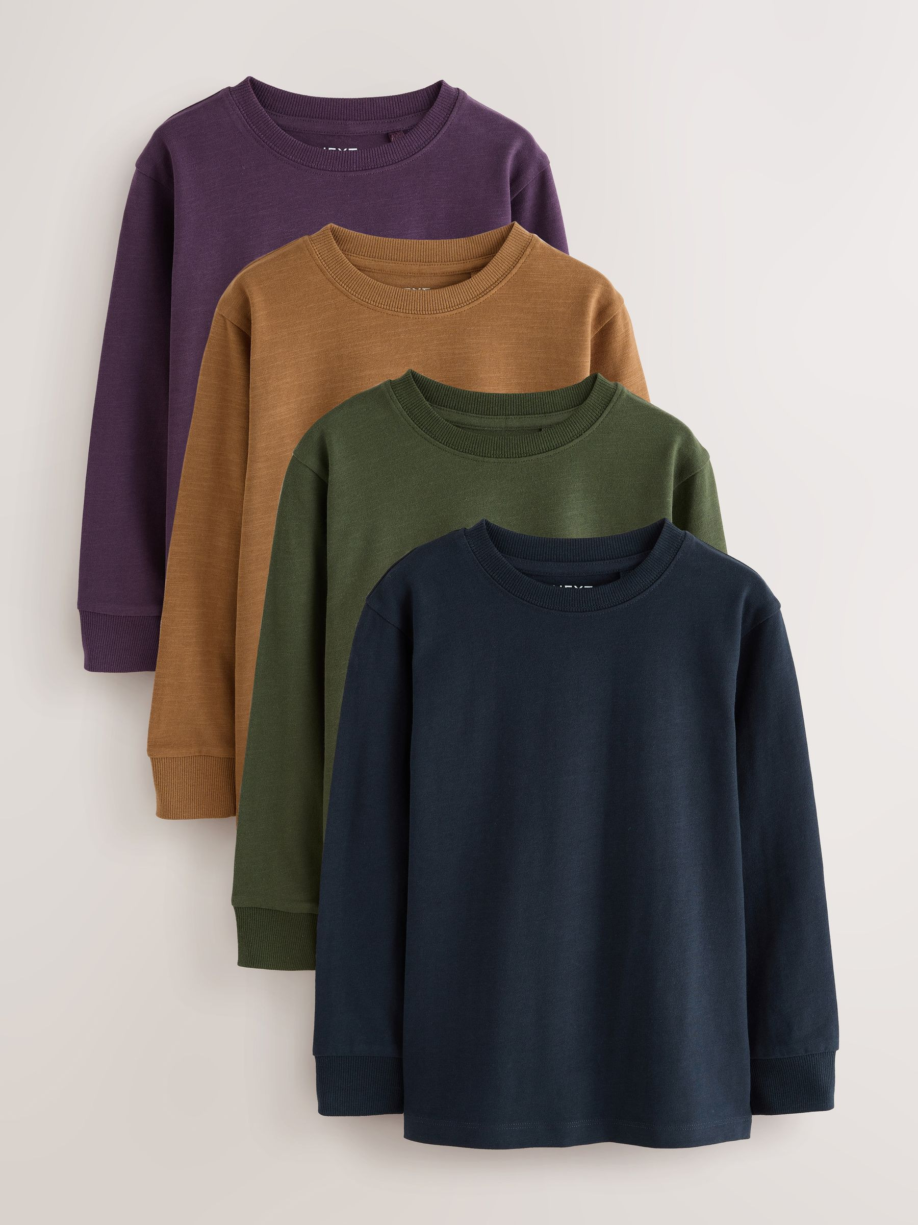 Next Khaki/Tan/Purple/Navy Plain Long Sleeve Cosy T-Shirts 4 Pack (3-16yrs) | Next US
