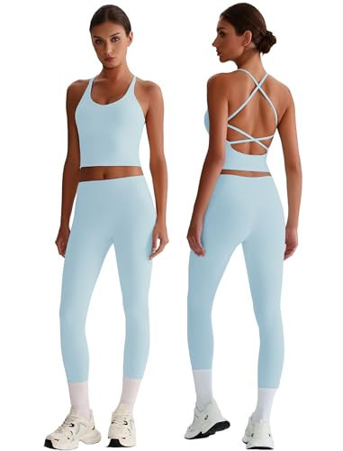ABOCIW Workout Sets for Women 2 Piece Longline Sports Bra Tank Cross Back Crop Tank Top High Waist Leggings Gym Sets Active Wear Yoga Pilates Outfits Light Blue X-Small | Amazon (US)