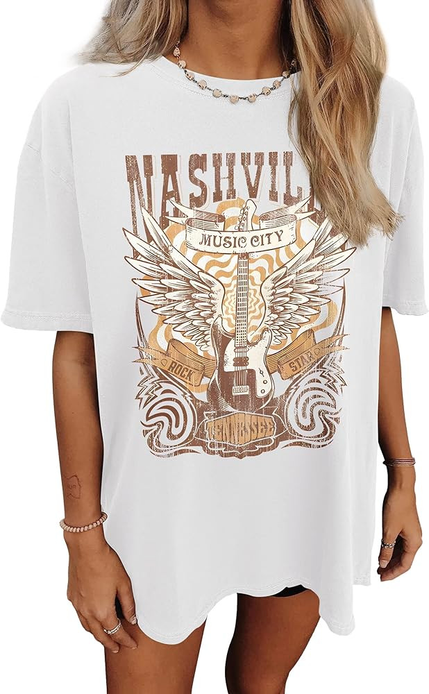 Oversized Rock Band T-Shirt Women Country Music Shirt Tops Nashville Music City Tshirt Vintage Gu... | Amazon (US)