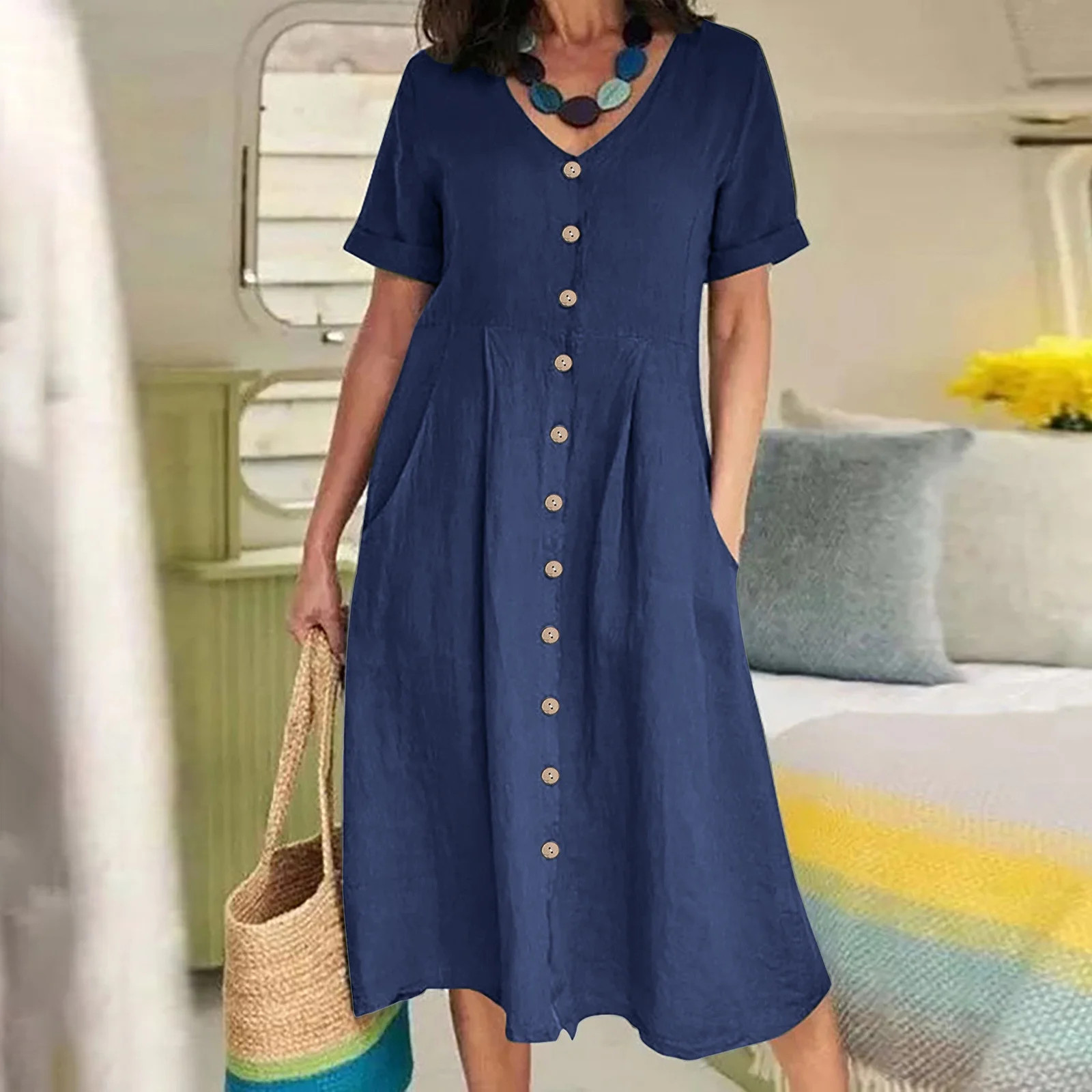 Daiosportswear Women'S Summer Fit and Flare Swing Cotton Dress Casual V-Neck Button Down Beach Mi... | Walmart (US)