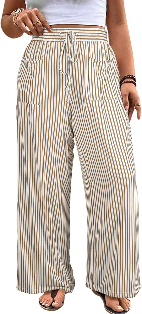 Eytino Womens Plus Size Wide Leg Pants Elastic High Waist Striped Casual Palazzo Pants Lounge Tro... | Amazon (US)