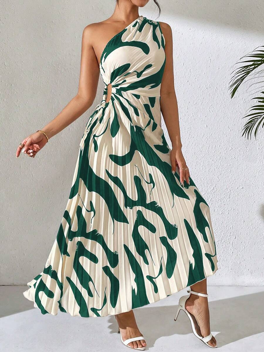 SHEIN Raffinéa Summer Asymmetric Neckline Pleated Hollow Out Printed Long Dress Maxi Women Outfi... | SHEIN