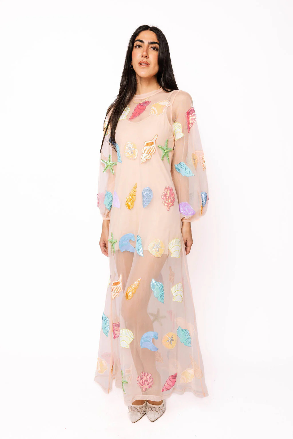 Sheer Beige Shell Long Sleeve Midi Coverup Dress | Queen of Sparkles