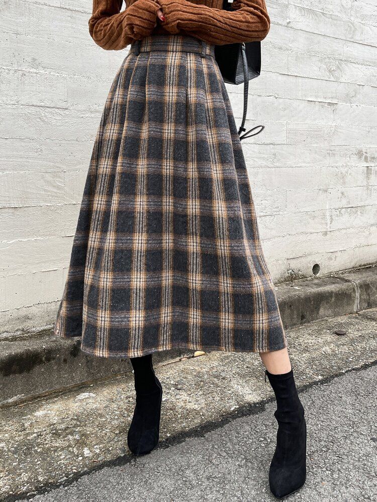 DAZY Plaid Print Pleated Detail Skirt | SHEIN
