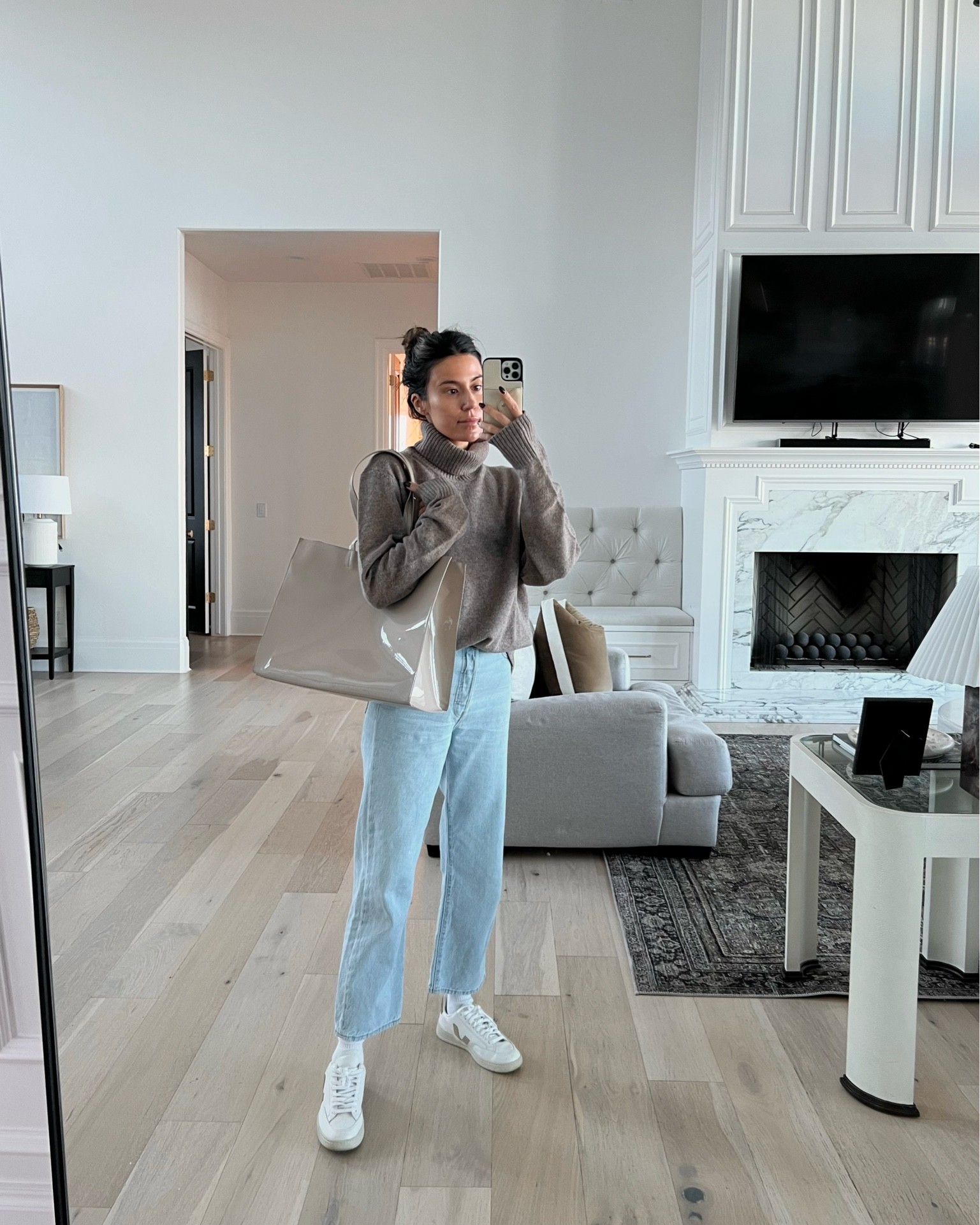 Outfit of the day ✨ These Veja sneakers are my most worn shoes lately and this patent tote is so great for work and holds so much! My jeans are under $50 and fit TTS. Wearing size large in the sweater! 

Fall style; fall outfit; fall fashion; mom style; casual outfit; comfy outfit; oversized sweater; Levi’s jeans; veja; neutral outfit; Christine Andrew 

#LTKSeasonal #LTKunder100 #LTKworkwear