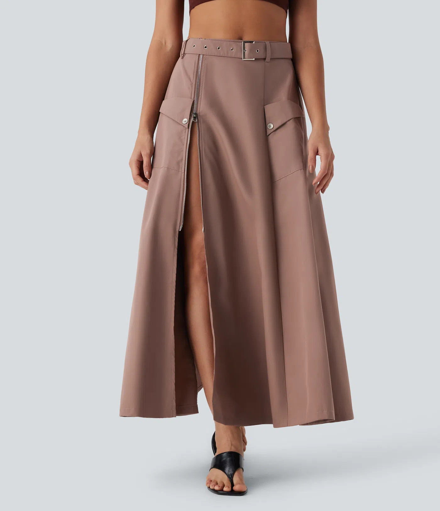 Women’s Mid Rise Belted Zipper Maxi Casual Skirt with Pockets - Halara | HALARA