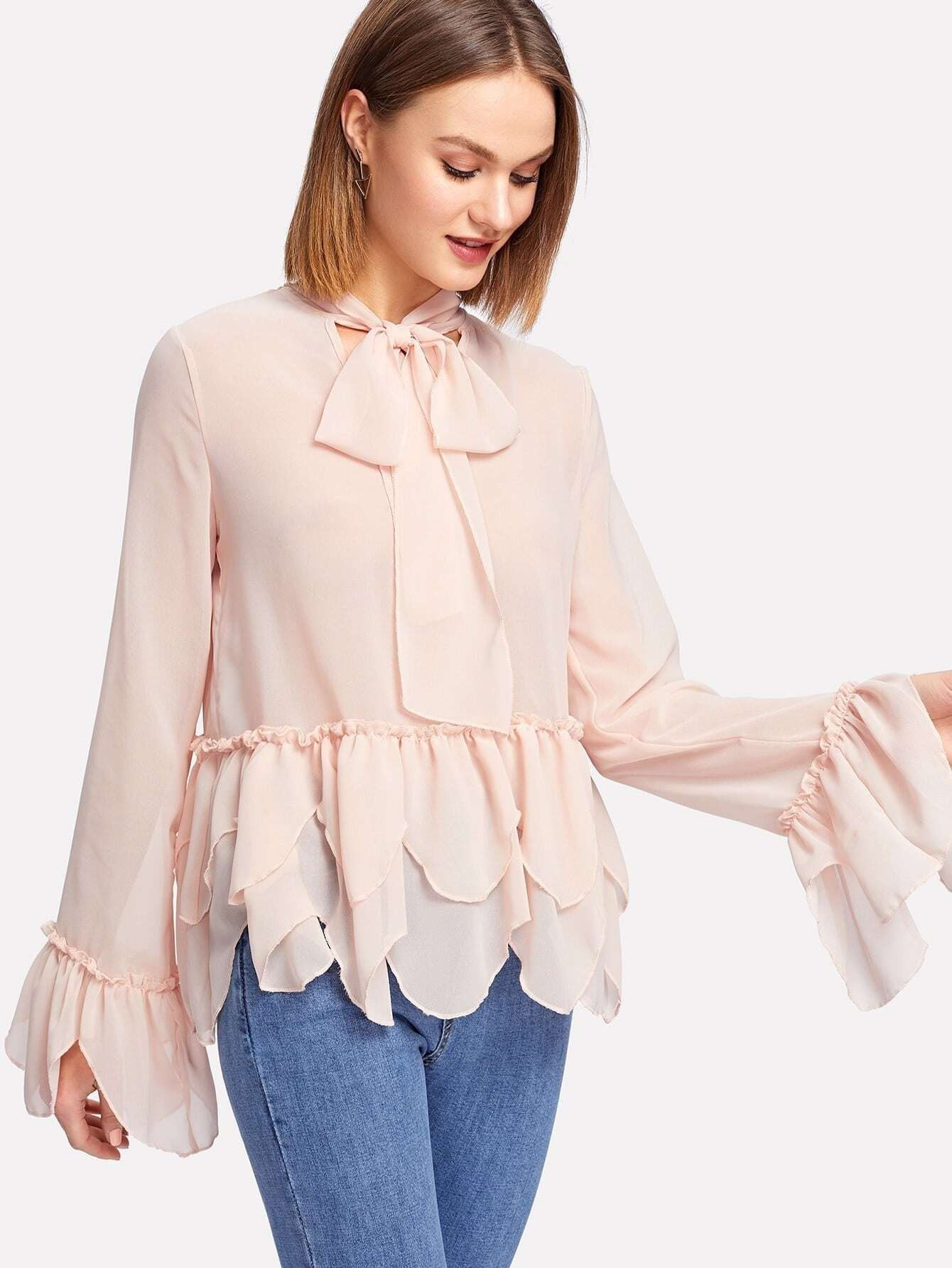 Tie Neck Tiered Ruffle Trim Blouse | SHEIN