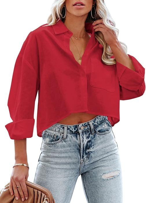 Tankaneo Womens Button Down Cropped Shirts Long Sleeve Crop Tops Blouses | Amazon (US)