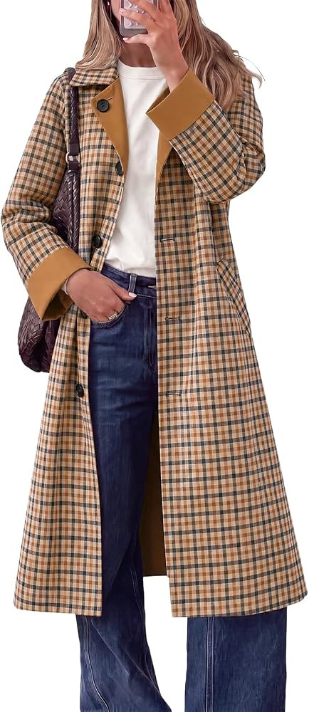 Tankaneo Womens Long Trench Coat Plaid Reversible Windproof Overcoat | Amazon (US)
