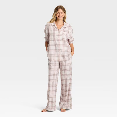 Women's Flannel Long Sleeve Button Down Shirt and Pants Pajama Set - Auden™ Cream/Pink Plaid S | Target