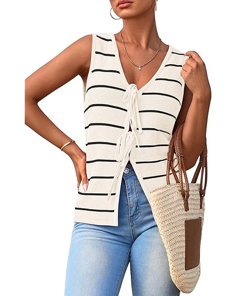 SOLY HUX Women's Sleeveless Striped Sweater Vest V Neck Tie Bow Crochet Knit Tank Tops Casual Loo... | Amazon (US)