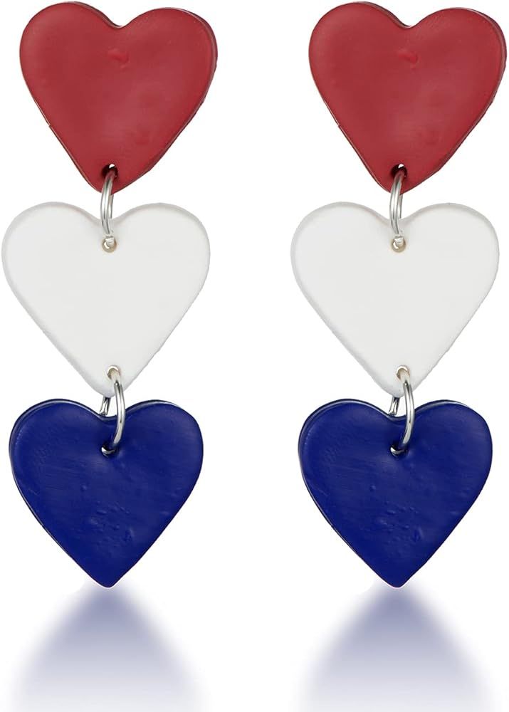 4th July Patriotic Earrings Cute Heart Dangle Earrings Lightweigh Hamdmade Ceramic Clay Red White... | Amazon (US)