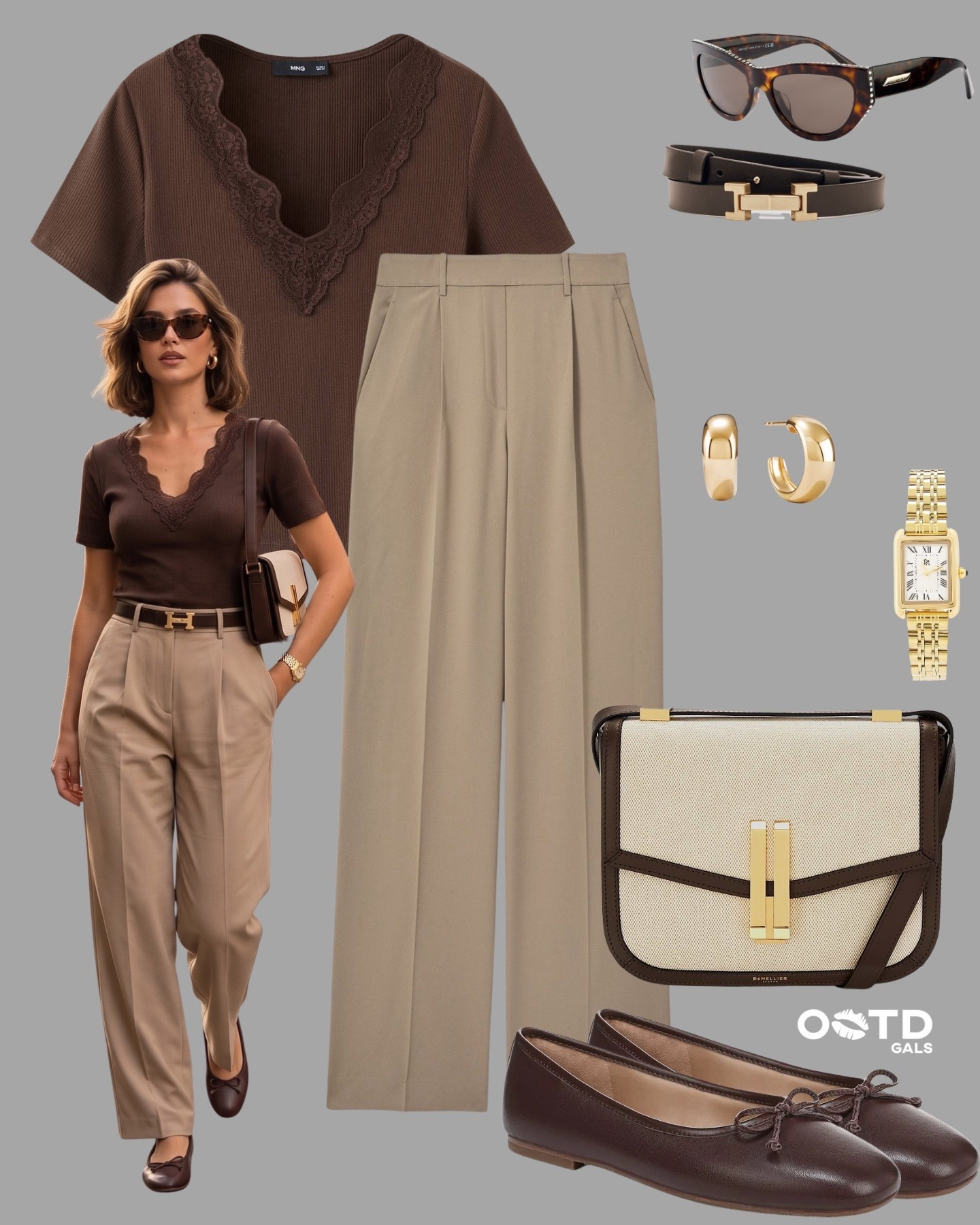 Rich chocolate brown and warm taupe create such an elegant quiet luxury combination 🤎✨

This look feels timeless, polished, and effortlessly sophisticated while still being wearable for everyday styling.

✨ Style Details:
• Chocolate brown lace-trim knit top adding a feminine refined touch  
• Taupe tailored wide-leg trousers for a sleek elongated silhouette  
• Brown and cream structured crossbody bag with gold hardware  
• Classic brown ballet flats for understated elegance and comfort  
• Gold accessories and tortoiseshell sunglasses elevating the neutral palette beautifully  

The warm earthy tones make this outfit feel chic, expensive-looking, and perfect for café dates, office days, or elevated casual wear ☕️

#QuietLuxury #ElegantStyle #NeutralOutfit

#LTKsummer #LTKstyletip #LTKsale