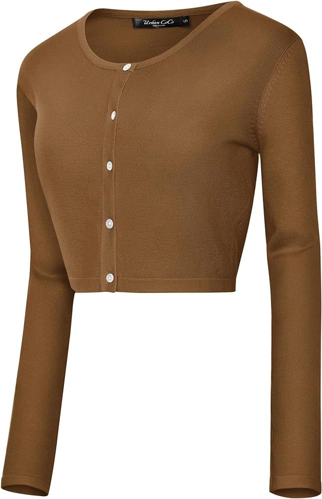 Urban CoCo Women's Button Down Crew Neck Cropped Cardigan Lightweight Shrug Kint Sweater | Amazon (US)