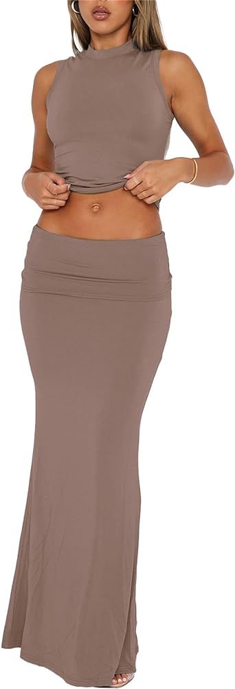Skirt Sets Women 2 Piece Outfits - Sexy Two Pc Sleeveless Tank Crop Top Fold Over Maxi Long Skirt... | Amazon (US)