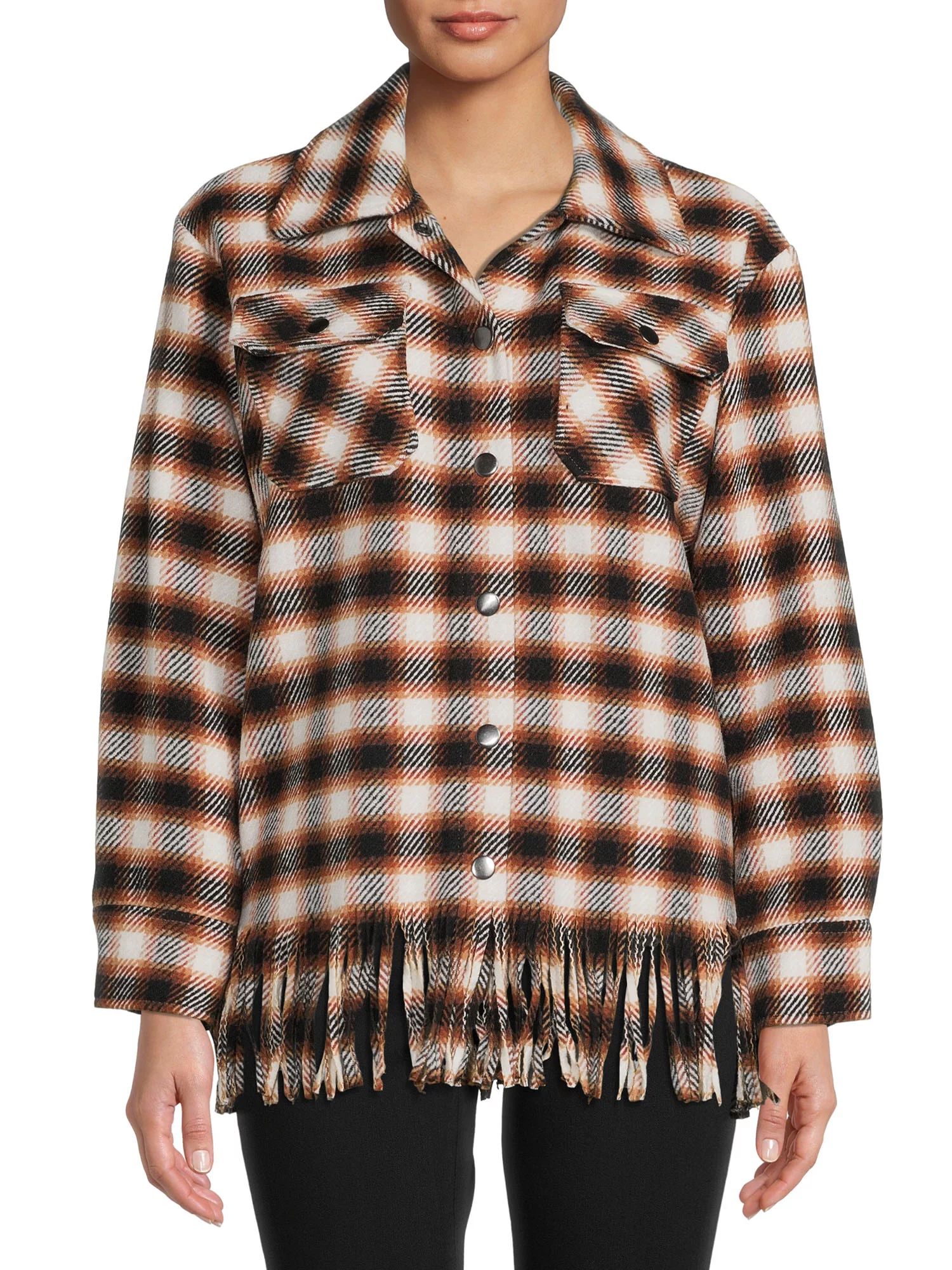 Time and Tru Women's Plaid Fringe Shacket with Snap Front - Walmart.com | Walmart (US)