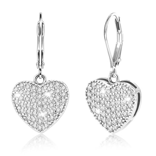Sterling Silver Dangle Earrings, ALEXCRAFT Heart Dangling Drop Earring for Women Trendy Hypoallergenic 925 Sterling Silver Leverback Earings Cubic Zirconia Heart Dangle Earrings for Women Lady | Amazon (US)