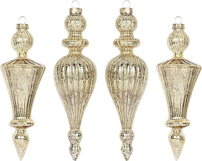 KI Store Mercury Glass Finial Champagne Gold Christmas Ornaments Set of 4 Large Hanging Christmas... | Amazon (US)