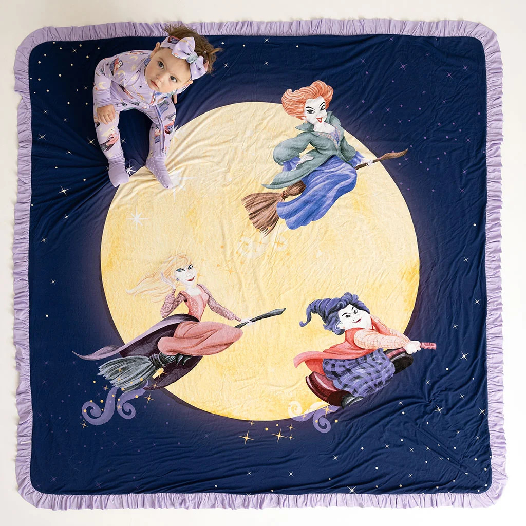 Hocus Pocus Purple Reversible Disney Amok Amok Amok & Come, We Fly Ruffled Luxe Patoo® Blanket |... | Posh Peanut