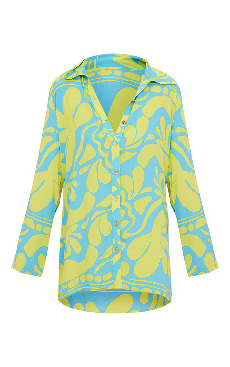 Blue Abstract Floral Satin Oversized Cuff Shirt | PrettyLittleThing US