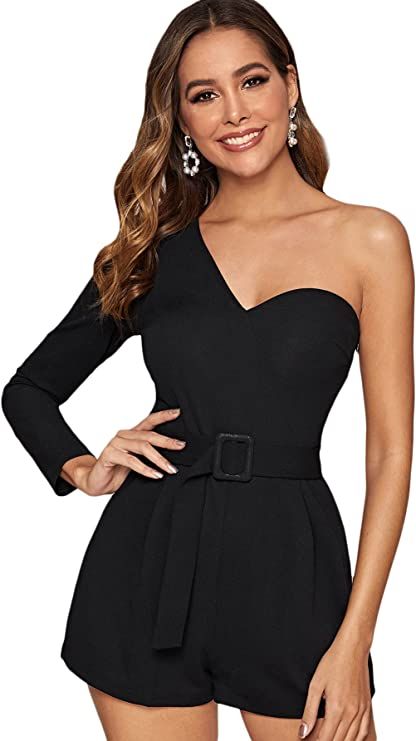 SheIn Women's One Shoulder Puff Long Sleeve Jumpsuit Romper Belted Solid Shorts | Amazon (US)