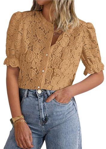 PRETTYGARDEN Womens 2026 Spring Lace Tops Short Puff Sleeve Casual Dressy Blouses Eyelet Crew Neck Button Down Shirts (Khaki,Small) | Amazon (US)