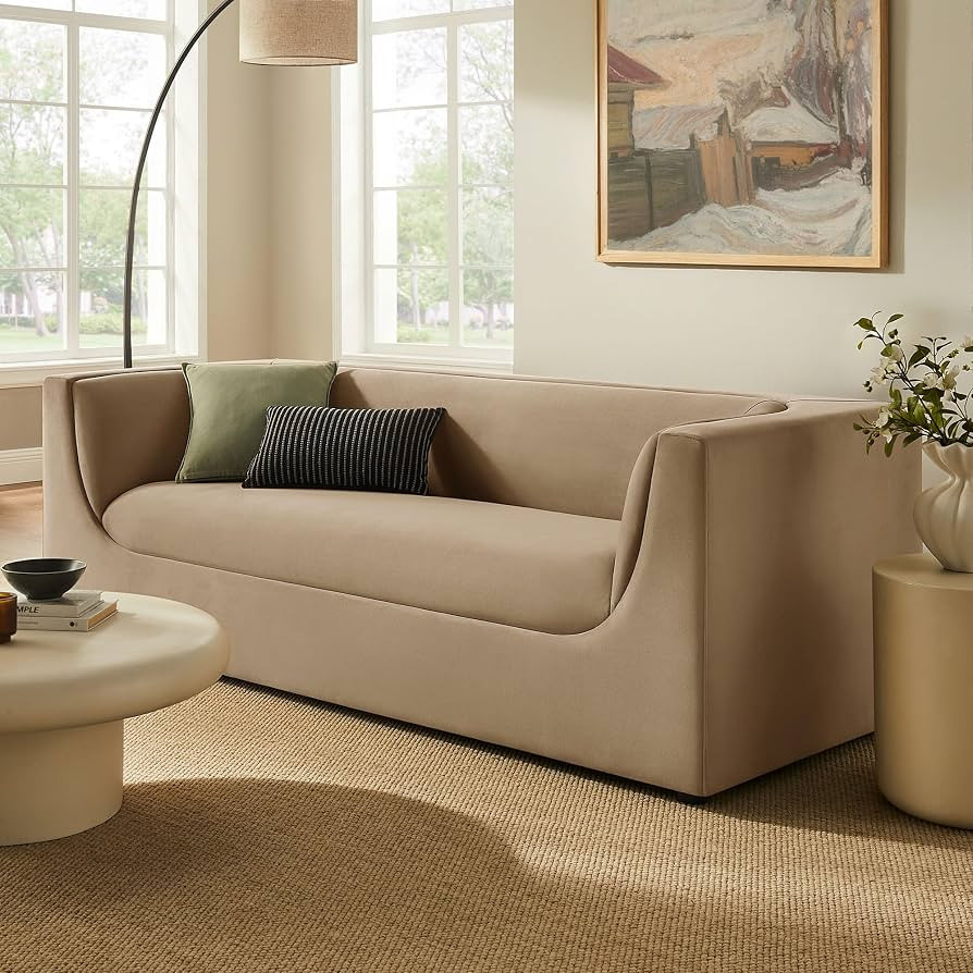 Modway Hilda 86 Inch Modern Curved Back Performance Velvet Sofa in Taupe \u2013 Plush Upholstered... | Amazon (US)
