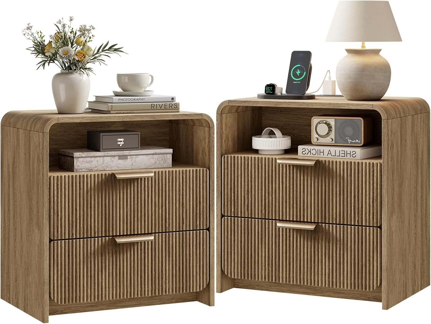 24" Fluted Nightstands Set of 2 with Rounded Corner Safety Design, Modern Nightstand with Charging Station and 2 Drawers, Bedside Table for Bedroom with USB/Type-C Ports, Light Walnut | Amazon (US)