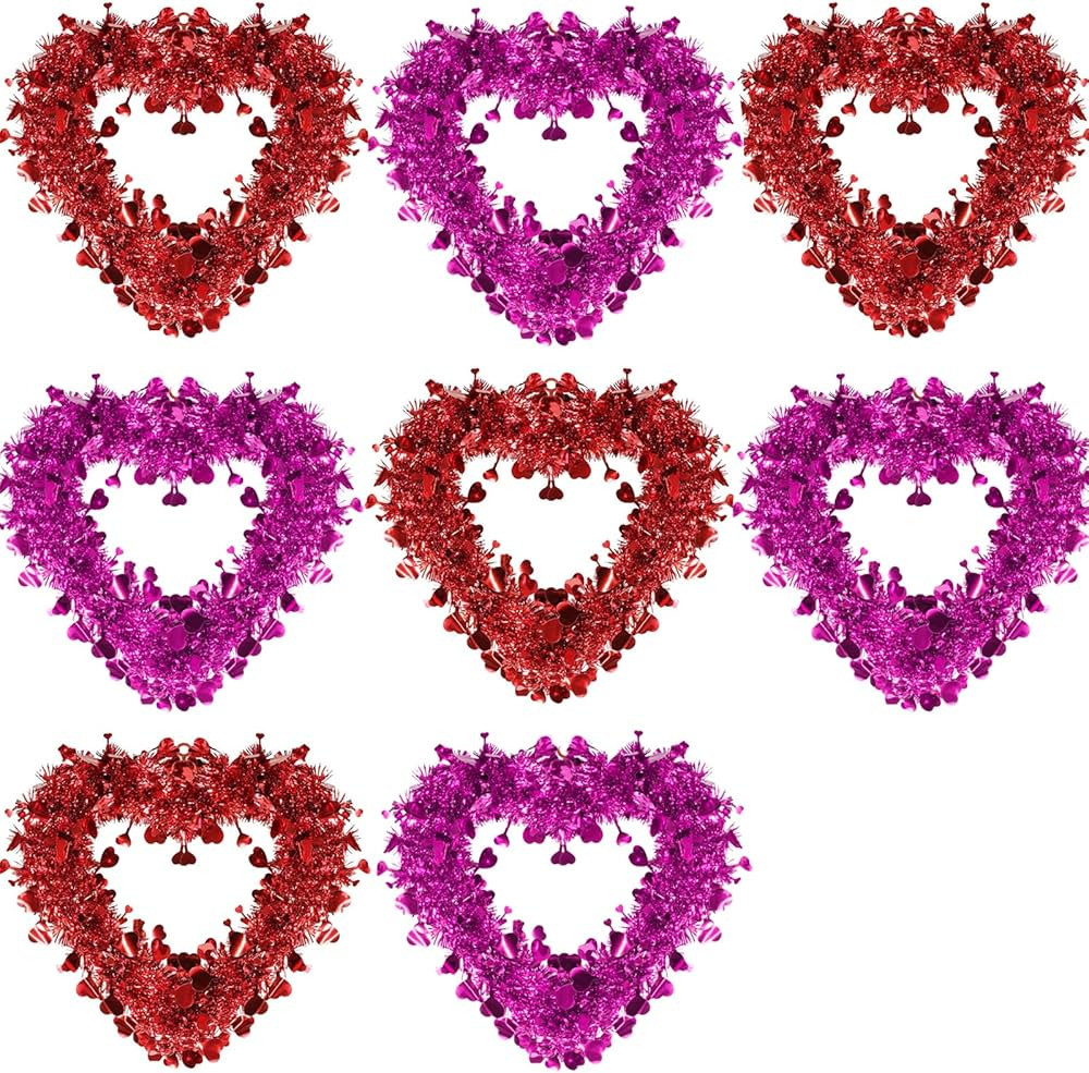 8 Pack Valentine Heart Wreaths Red Purple Tinsel Wreaths with Foil Hearts Hanging Valentine's Day... | Amazon (US)