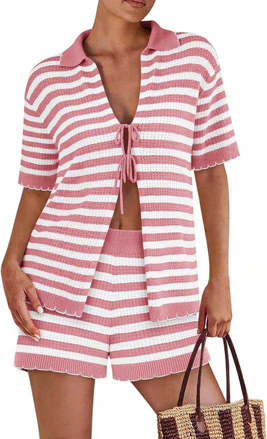 Womens 2 Piece Pajama Set Striped Knit Lounge Sets Short Sleeve Tie Front Top and Shorts Set 2025... | Amazon (US)