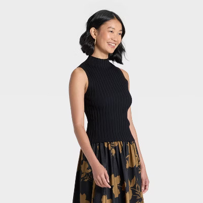 Women's Mock Neck Ribbed Sweater Tank - A New Day™ Black S | Target