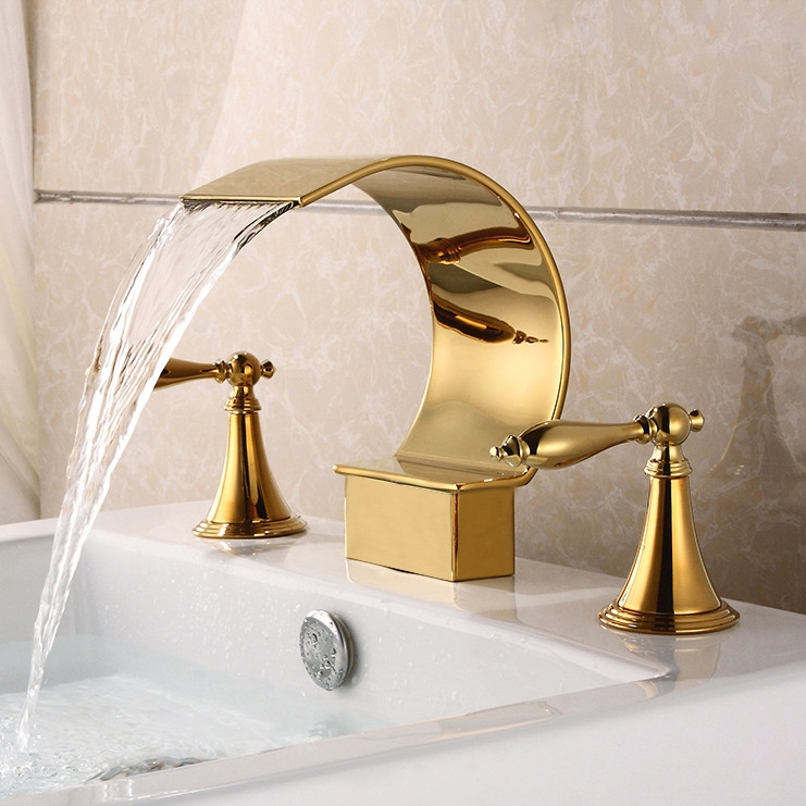 Mooni Waterfall Widespread Lever Handle Bathroom Sink Faucet in Glistening Gold | Homary