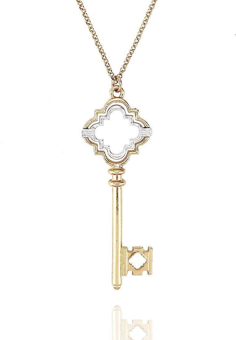 Amazon.com: POMINA Gold Silver Two Tone Quatrefoil Lucky Clover Lock Key Pendant Necklace Sweater... | Amazon (US)