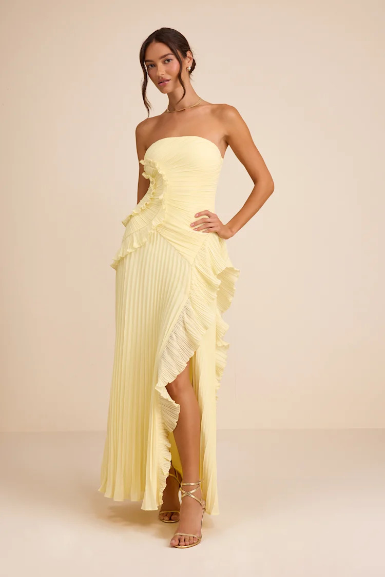 Brylee Light Yellow Pleated Ruffled Maxi Dress | Lulus