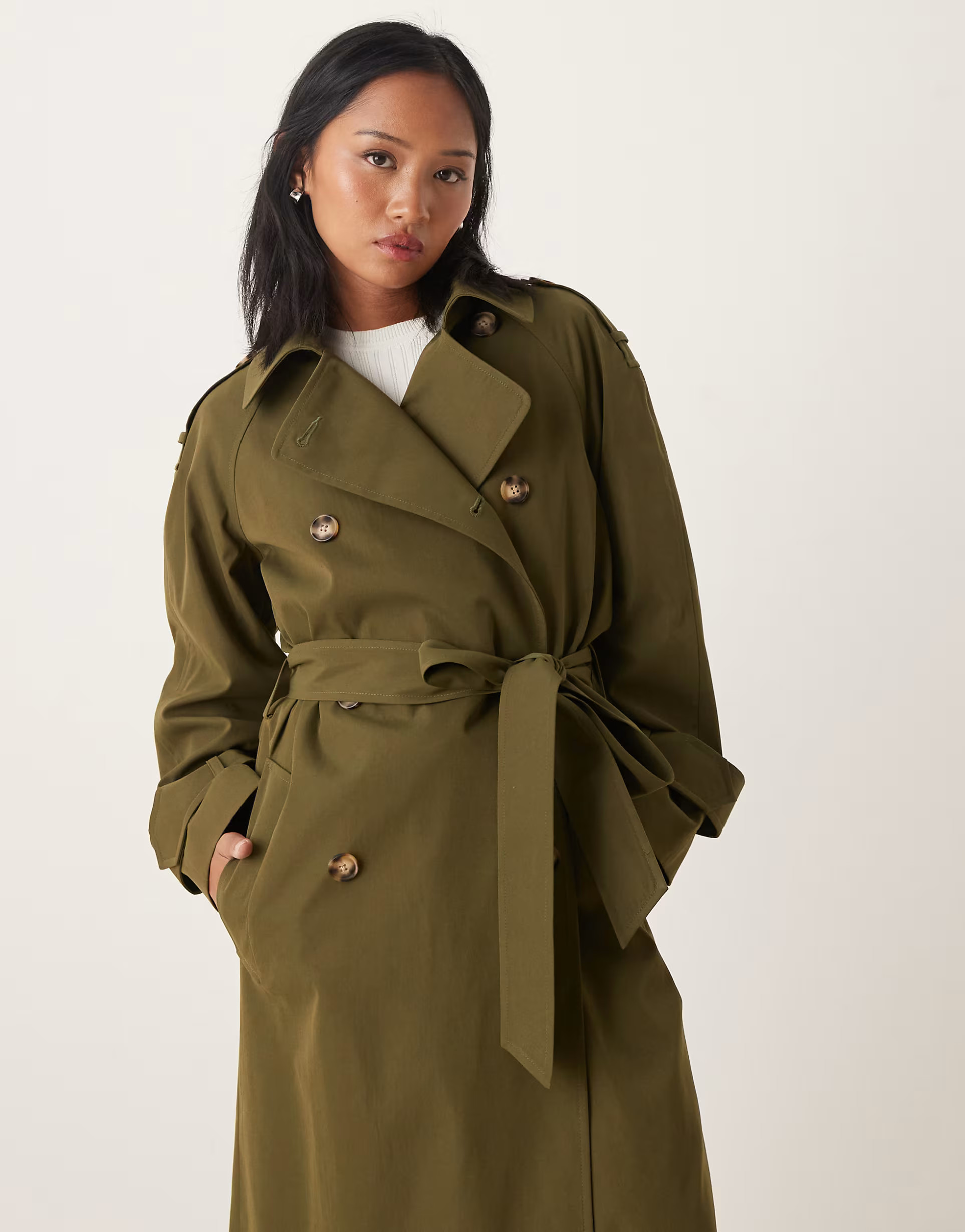 ASOS DESIGN Petite longline trench coat in olive | ASOS (Global)