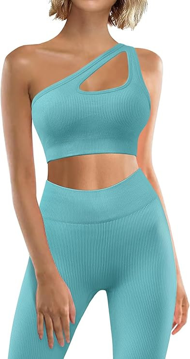 JZC Workout Outfits for Women 2 Piece Ribbed Seamless Yoga Leggings Exercise Sets | Amazon (US)